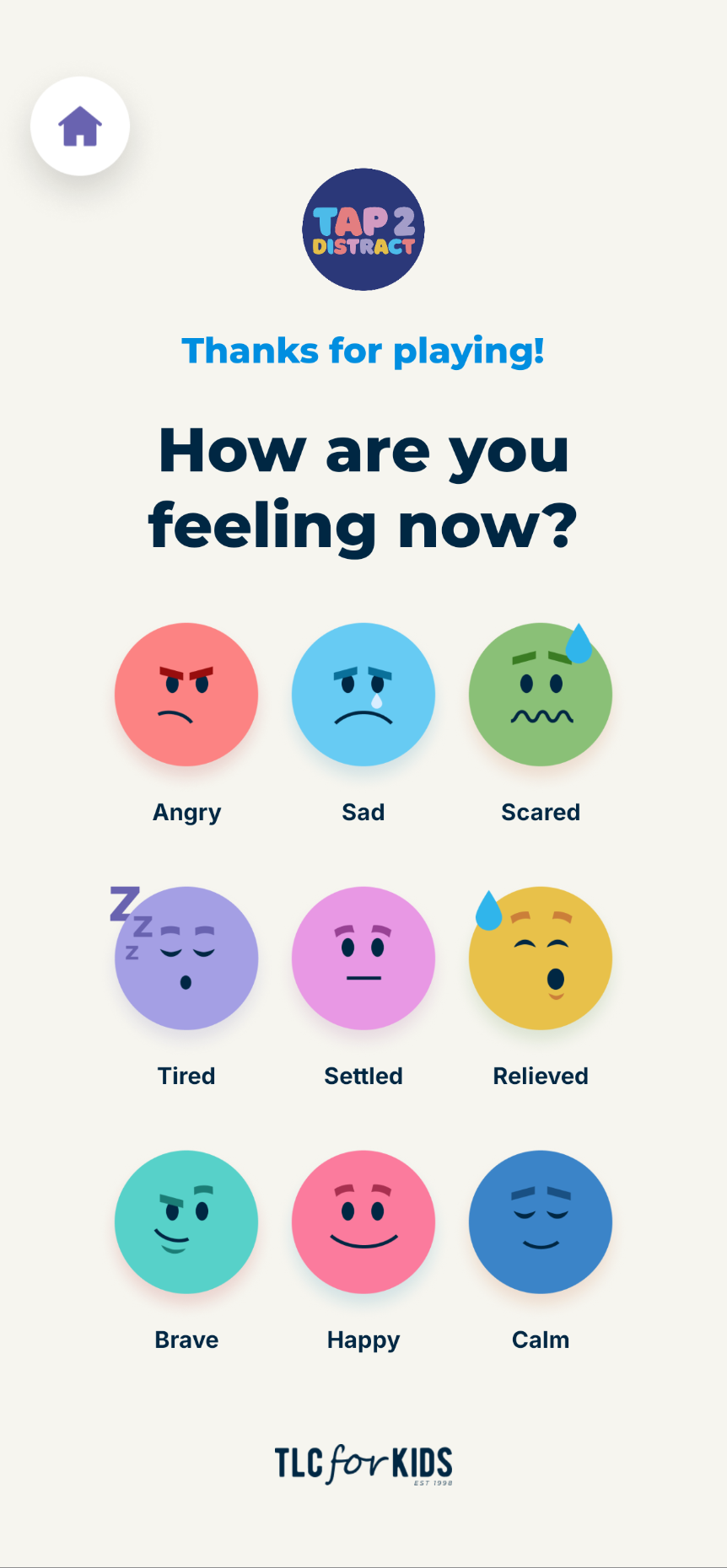 Tap 2 Distract app asking how the user is feeling after playing